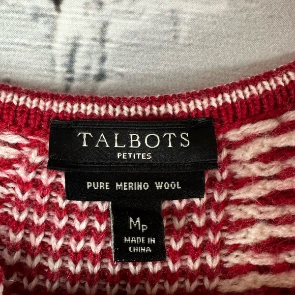 Talbots Pure Merino Wool Cardigan Red White Size Medium Christmas Winter Cozy - Picture 5 of 9